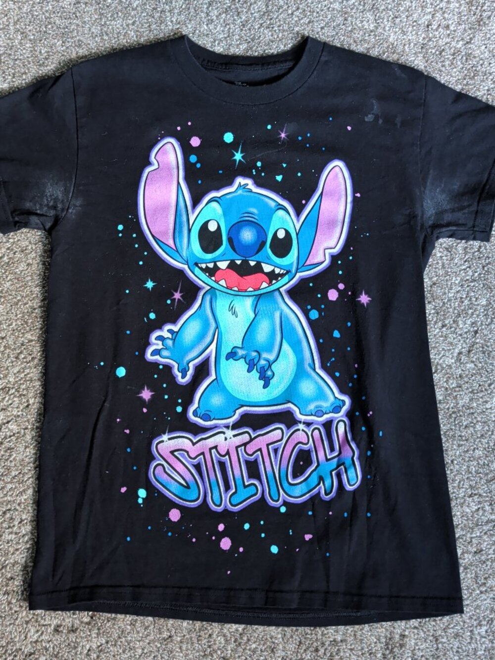 Disney Lilo & Stitch Size Small Black Short Sleeve Graffiti Stitch Front & Back